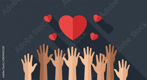 Hands reaching for hearts representing love charity and support for others.