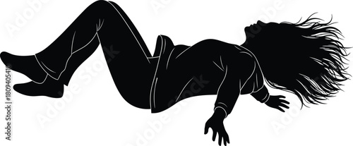 Woman floating mid-air, black silhouette vector illustration, long flowing hair, sense of freedom, dreams, levitation, surrealism, and weightlessness concept.
