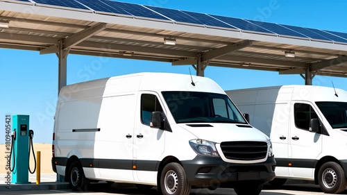 White electric delivery vans parked under a solar panel carport with a turquoise charging station in a sunny, arid location