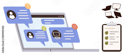 Chat bubbles pop on laptop screen representing digital communication. Checklist clipboard for goal tracking, additional devices indicate multichannel connectivity. Ideal for teamwork, remote work