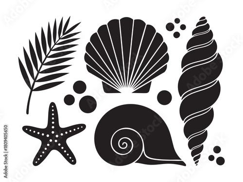 Tropical marine black silhouettes: palm leaf, shells, starfish