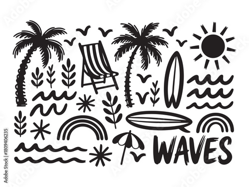 Tropical summer beach vacation hand drawn elements doodle set