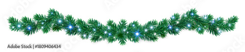 Blue and white glowing Christmas tree garland with sparkling lights. Perfect festive border for Christmas cards, banners, and winter holiday design.