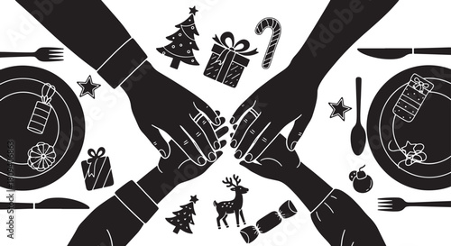 Festive Friendsgiving or Christmas Dinner Gathering Silhouette Illustration Template Vector