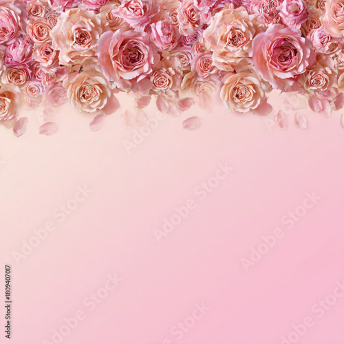 Pale Pink Roses Filling the Upper Half of a Soft Pink Background