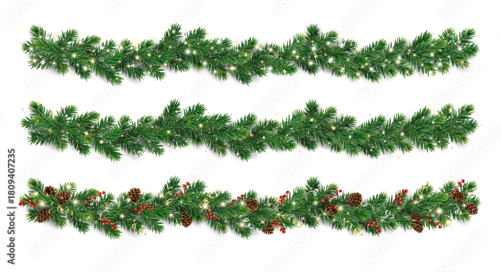 Fototapeta premium Christmas tree garlands of lush green fir branches with glowing lights, confetti, pine cones, holly berries. Realistic horizontal borders for cards and banners. Transparent background in vector file.