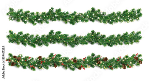 Christmas tree garlands of lush green fir branches with glowing lights, confetti, pine cones, holly berries. Realistic horizontal borders for cards and banners. Transparent background in vector file.