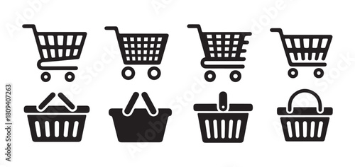 Shopping carts and baskets icons silhouette for online store shopping