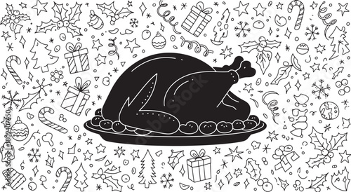 Festive Thanksgiving or Christmas Dinner Doodle Seamless Pattern Illustration