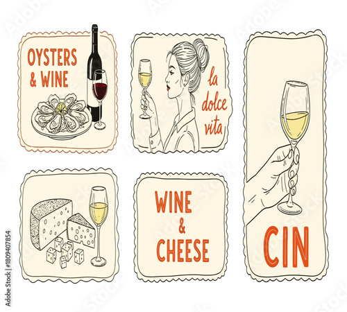 Illustration of collection of vintage wine and food labels featuring oysters, cheese, and elegant wine glasses, capturing the essence of la dolce vita isolated on white background
