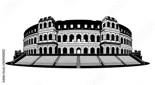 Detailed black and white illustration of the ancient Roman Colosseum amphitheater, a famous historical landmark.