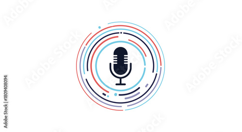 Modern and abstract icon of a microphone with colorful sound waves in a circular design.