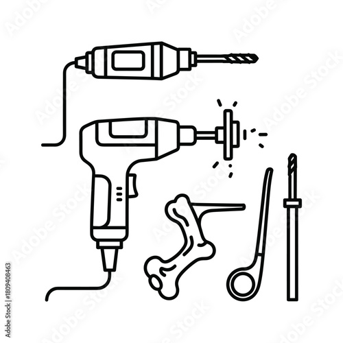 A collection of medical surgical tools including drills, a saw, and a bone, for orthopedic procedures