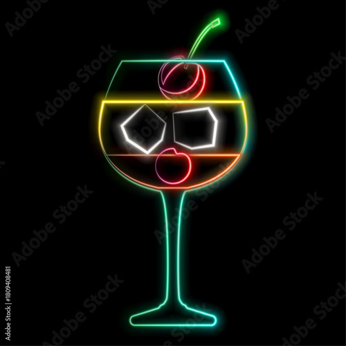 Glow neon sign of cocktails bar on dark brick wall background. Glowing gas advertising