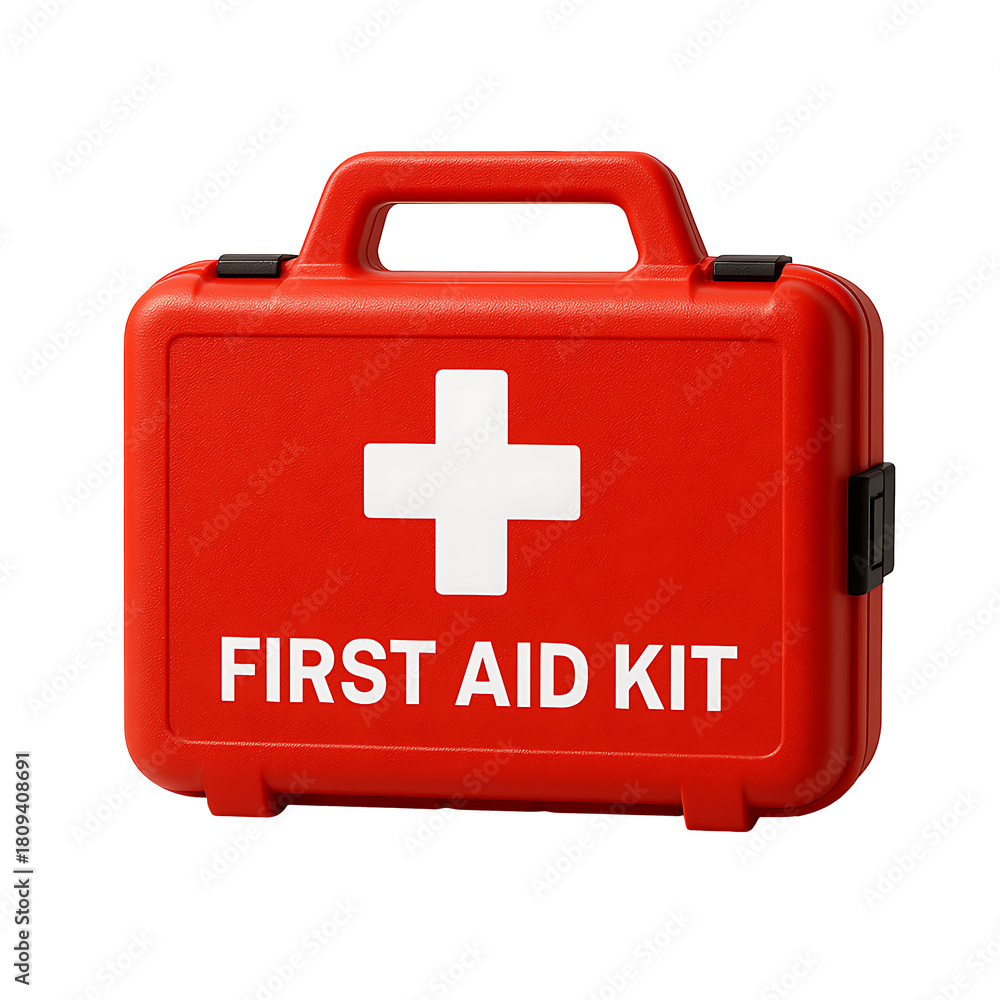 Obraz premium Red first aid kit box with white cross symbol isolated on white background representing emergency safety healthcare and medical preparedness concept for protection and care