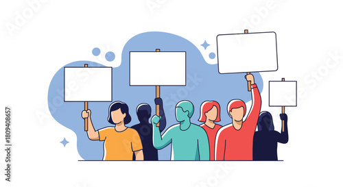 Group of diverse protestors is holding blank signs at a rally or demonstration for social change.