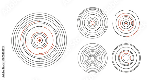 Abstract collection of complex and hypnotic concentric circle and spiral maze-like patterns.