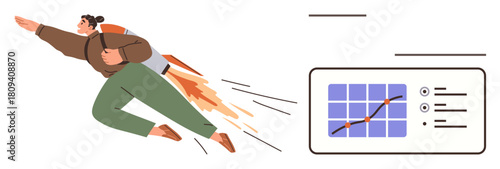 Person with rocket backpack soaring upward toward a metrics chart symbolizing growth. Ideal for success, progress, goal achievement, innovation, ambition, business growth, simple flat metaphor