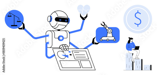 Multifunctional robot managing justice, healthcare, industrial robotics, and financial systems. Ideal for AI, automation, innovation, robotics ethics industry and technology. Simple flat metaphor