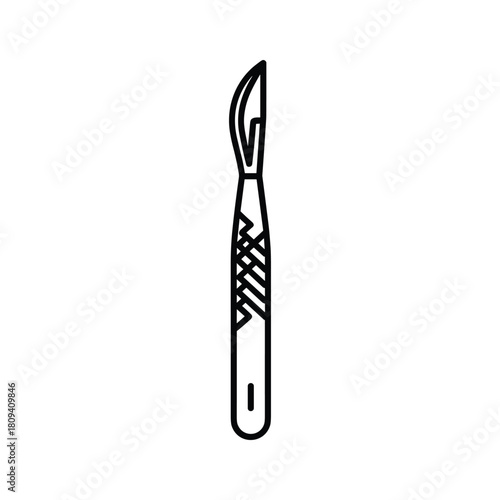 A line art illustration of a surgical scalpel, a medical instrument used for incisions, isolated on