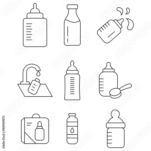 Set of baby milk bottle icon in liner style. Milk feeding bottle vector collection. Newborn nipple symbol. Variations baby bottle black line icons on white background. Vector illustration. 