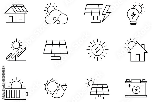 Collation of solar power line icons. Contains as efficiency, solar panel, energy, solar farm, sun tracker and more. Solar energy black line icon on white background. Vector illustration. 