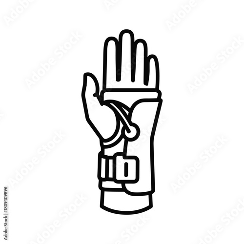 A line art illustration of a hand wearing a wrist brace or support, used for injury recovery, isolated on