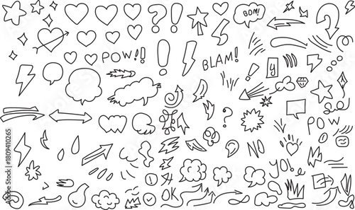 Hand made Vector illustration of  Doodle icon set, Line marker hand drawn brush arrow element set