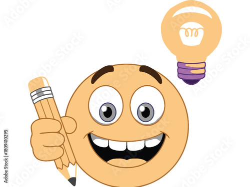 Smiley face emoji holding a pencil and having a bright idea with a lightbulb.