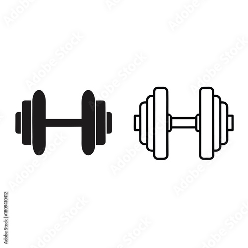 Two dumbbells one solid black and one outline isolated on white background