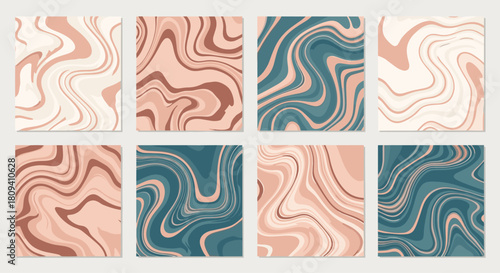 Abstract background set of eight beautiful wavy liquid marble textures in a stylish color palette.