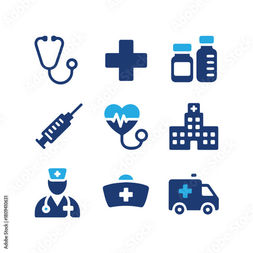 Healthcare and Emergency Services Glyph Icon Set - Stethoscope, Syringe, and Ambulance