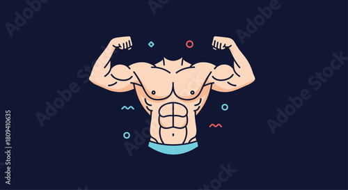 Powerful and muscular bodybuilder character is flexing his impressive chest and bicep muscles.