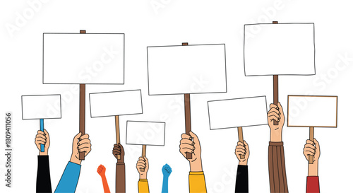 A diverse group of protesters hold up blank white banners.