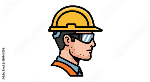 Construction Worker Profile Safety Gear in Focus - Hard Hat, Glasses, and Vest for Protection