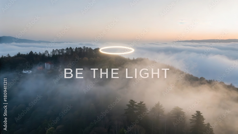 Fototapeta premium Glowing halo above a misty landscape with motivational words