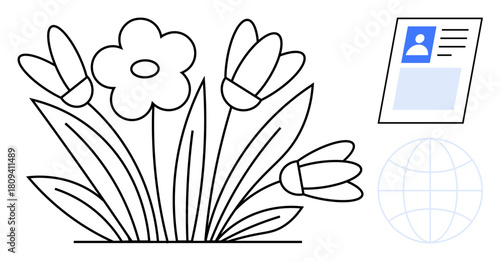 Online identity. Illustration flowers with a user profile and global network symbol. Online identity reflecting digital footprints and personal data. For technology, nature-tech, global connection