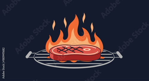 Vector illustration of juicy grilling steak on a fire.