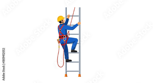 Professional worker in full safety gear, including harness and hard hat, meticulously climbs a ladder, underscoring critical workplace safety and occupational health standards