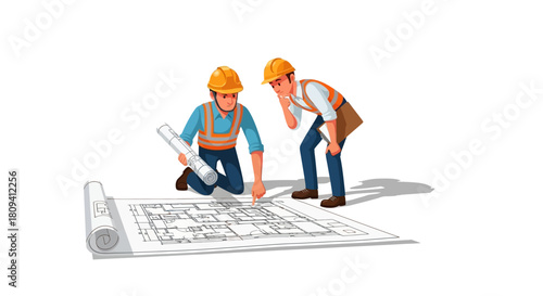 Two professional engineers collaborating on a new building project, meticulously reviewing architectural blueprints for strategic planning and execution
