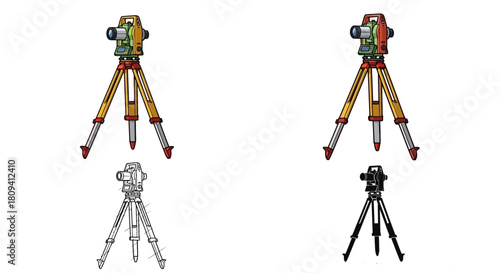 Theodolite Icons Surveying Equipment in Detailed Illustration Styles