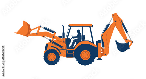 Detailed vector illustration of a robust backhoe loader, a versatile piece of heavy construction equipment, designed for efficient earthmoving, digging, and loading tasks on a job site