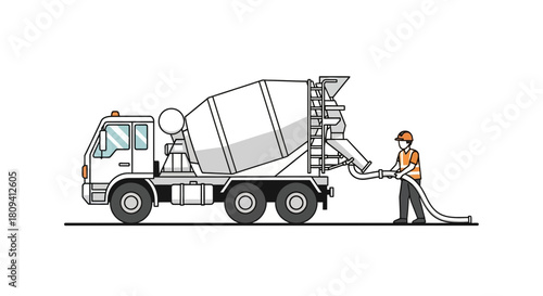 Construction worker operating a concrete pump hose connected to a cement mixer truck, delivering fresh concrete for building and infrastructure projects, flat illustration