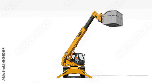 Yellow telescopic handler, a versatile construction vehicle with an extended boom lift, carrying a basket and isolated on a clean white background