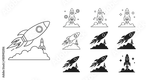 Set of various rocket ship icons for space exploration and science fiction in different styles.
