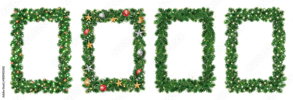 Obraz premium Realistic Christmas tree garland vertical frames with glowing lights and ornaments. Elegant festive square decorations. Transparent background in vector file.