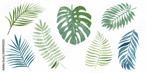 Collection of watercolor tropical leaves isolated on white background