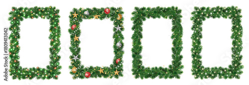 Realistic Christmas tree garland vertical frames with glowing lights and ornaments. Elegant festive square decorations. Transparent background in vector file.