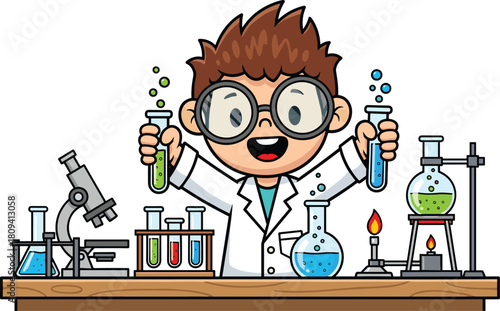 Cute cartoon kid scientist holding colorful test tubes in busy chemistry lab, fun science experiment illustration perfect for STEM education and learning themes