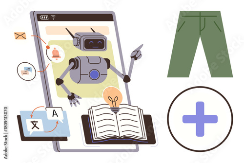 AI robot emerging from phone engaging with notifications, translation, books, fashion, health, and ideas. Ideal for technology, communication, education automation e-commerce innovation